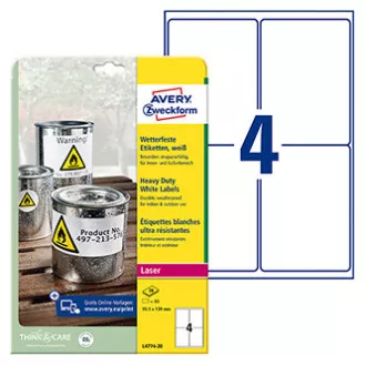 Avery Zweckform Etiketten 99,1mm x 139mm, A4, matt, weiß, 4 Etiketten, sehr haltbar, 20er-Pack, L4774-20, für Laserdrucker