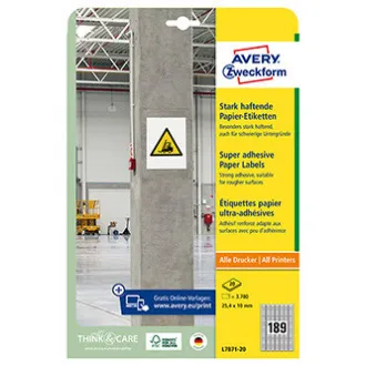 Avery Zweckform Etiketten 25,4 mm x 10 mm, A4, weiß, 189 Etiketten, stark klebend, 20er-Pack, L7871-20, für Laser und Drucker Avery Zweckform Etiketten 25,4 mm x 10 mm, A4, weiß, 189 Etiketten, stark klebend, 20er-Pack, L7871-20, für Laser und Drucker