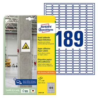 Avery Zweckform Etiketten 25,4 mm x 10 mm, A4, weiß, 189 Etiketten, stark klebend, 20er-Pack, L7871-20, für Laser und Drucker Avery Zweckform Etiketten 25,4 mm x 10 mm, A4, weiß, 189 Etiketten, stark klebend, 20er-Pack, L7871-20, für Laser und Drucker