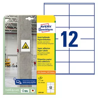 Avery Zweckform-Etiketten 105mm x 48mm, A4, weiß, 12 Etiketten, stark klebend, 20er-Pack, L7875-20, für Laser und Atram Avery Zweckform-Etiketten 105mm x 48mm, A4, weiß, 12 Etiketten, stark klebend, 20er-Pack, L7875-20, für Laser und Atram