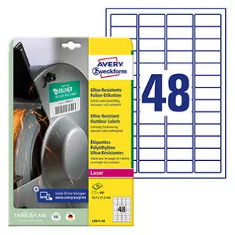 Avery Zweckform-Etiketten 45,7 mm x 21,2 mm, A4, weiß, 48 Etiketten, sehr haltbar, 10 Stück verpackt, L7911-10, für Laserdrucker und