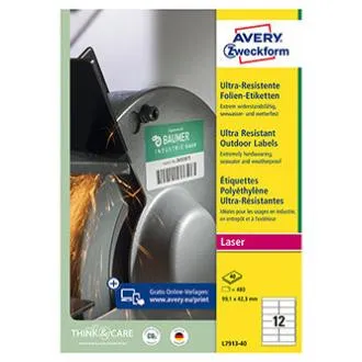 Avery Zweckform Etiketten 99,1 mm x 42,3 mm, A4, weiß, 12 Etiketten, sehr strapazierfähig, verpackt zu je 40 Stück, L7913-40, für Laserdrucker und
