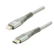 Logo USB-Kabel (2.0), USB C-Stecker - Apple Lightning-Stecker, 1m, MFi-Zertifizierung, 5V/3A, silber, Box, Nylongeflecht, Aluminium