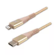 Logo USB-Kabel (2.0), USB C-Stecker - Apple Lightning-Stecker, 1m, MFi-Zertifizierung, 5V/3A, gold, Box, Nylongeflecht, Aluminium