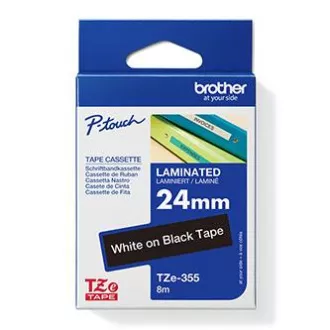 Brother Original Farbband für Etikettendrucker, Brother, TZE-355, weißer Druck/schwarzes Trägermaterial, laminiert, 8m, 24mm