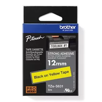 Brother original Etikettendruckerband, Brother, TZE-S631, schwarzer Druck/gelbe Rückseite, laminiert, 8m, 12mm, extrem klebend Brother original Etikettendruckerband, Brother, TZE-S631, schwarzer Druck/gelbe Rückseite, laminiert, 8m, 12mm, extrem klebend