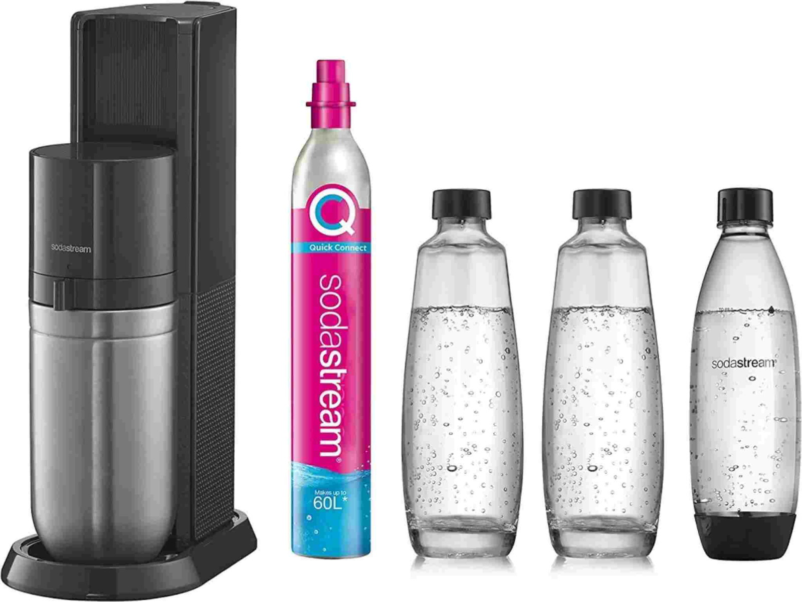 SodaStream Duo Titan Promo-Pack Sodamaschine, 2 Glasflaschen, 1 Kunststoffflasche, CO2-Flasche, schwarz