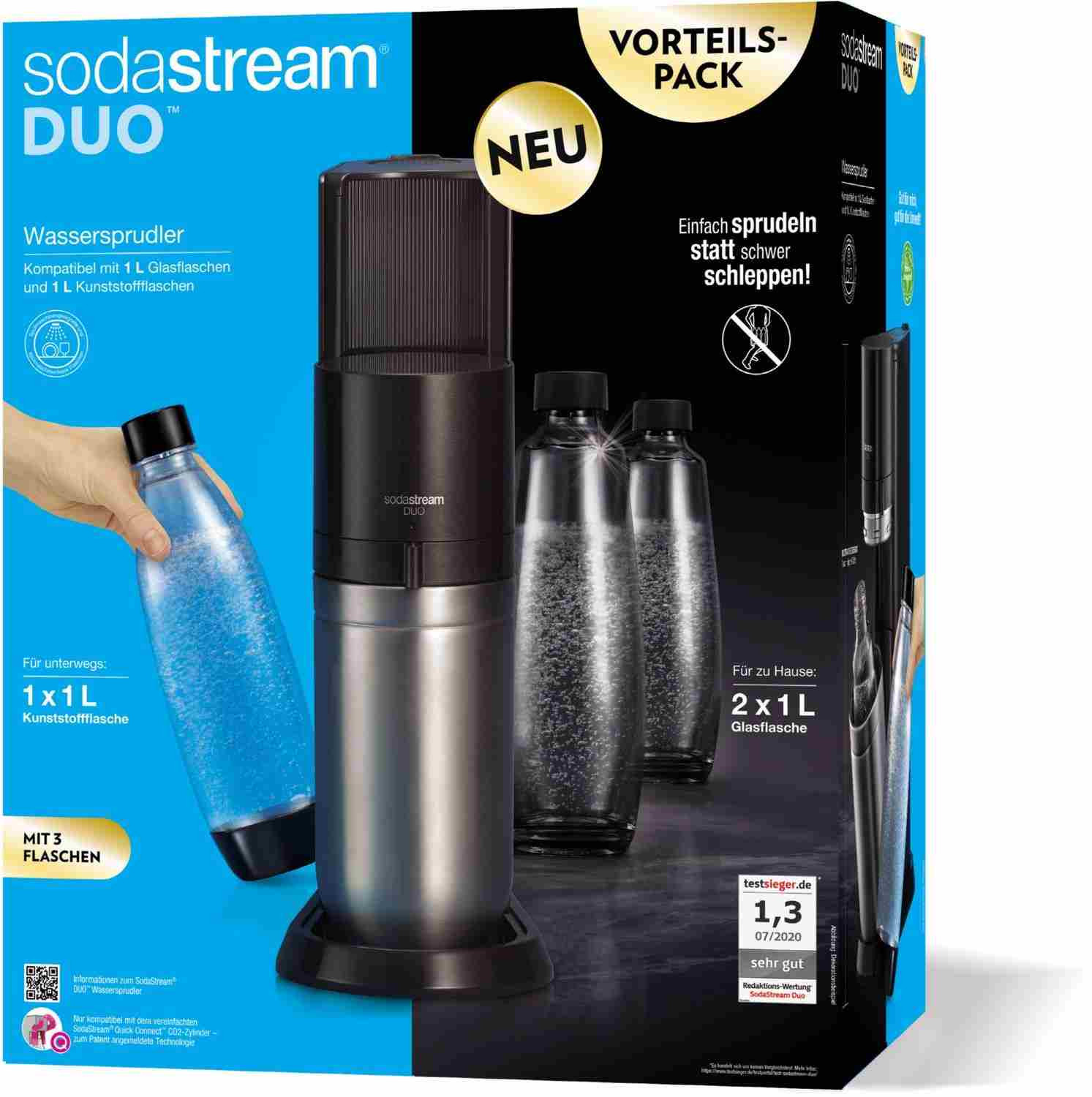 SodaStream Duo Titan Promo-Pack Sodamaschine, 2 Glasflaschen, 1 Kunststoffflasche, CO2-Flasche, schwarz